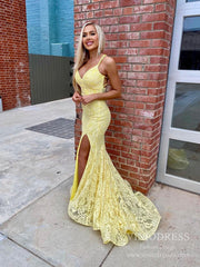 Two Piece Yellow Mermaid Lace Prom Dresses with Slit FD2547