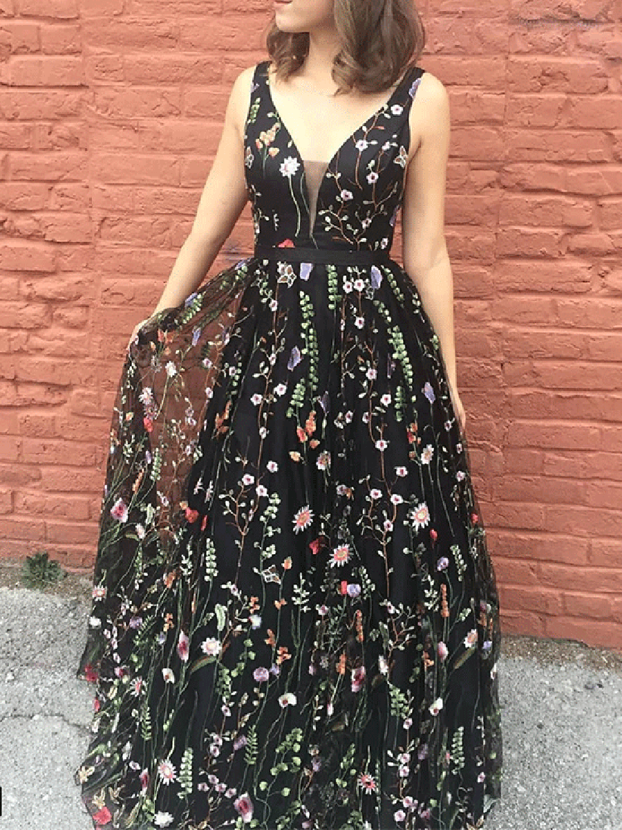 V Neck Black Floral Prom Dresses Long A Line Formal Dress FD1612