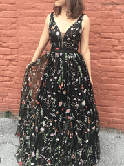 V Neck Black Floral Prom Dresses Long A Line Formal Dress FD1612