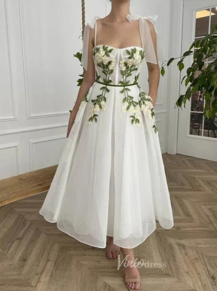 Vintage Green Leaf Lace Appliqued Prom Dress with Pockets VW1139