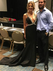 A-line Deep-V Sweep Train Satin Black Simple Prom Dresses Sexy Evening Dress Party Dress