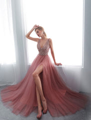 Prom Dresses Cameo Pinkv Neck Beading A Line Formal Evening Dress With Train