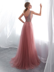 Prom Dresses Cameo Pinkv Neck Beading A Line Formal Evening Dress With Train