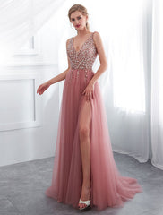 Prom Dresses Cameo Pinkv Neck Beading A Line Formal Evening Dress With Train