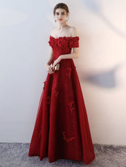 Prom Dresses Long Burgundy Off The Shoulder Prom Dress Lace Applique Heavy Beading Sash Floor Length Formal Evening Dress