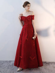Prom Dresses Long Burgundy Off The Shoulder Prom Dress Lace Applique Heavy Beading Sash Floor Length Formal Evening Dress