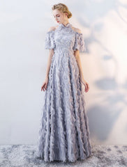 Prom Dresses Long Light Grey Cold Shoulder Evening Dress Lace Stand Collar Floor Length Formal Dress