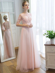 Prom Dresses Long Soft Pink Half Sleeve Lace Tulle Formal Evening Lace Applique Maxi Party Dress