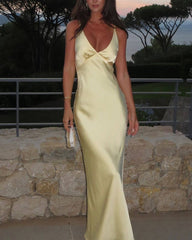 Elegant Yellow Prom Dress Long Fitted Satin Mermaid Backless Formal Gowns
