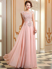 Lace Applique Pink Prom Dresses Chiffon Evening Dresses Sleeveless Formal Gowns