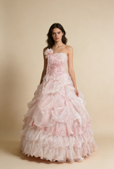 Pretty Prom Dress Strapless Pleated Flower Ball Gown Birthday Party Dress Evening Dress HZ0319