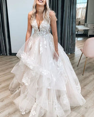 Elegant Ball Gown V Neck Wedding Prom Dresses with Appliques