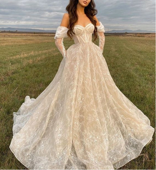 Stunning Lace Long Sleeves Off The Shoulder Sweetheart Neck Wedding Dresses