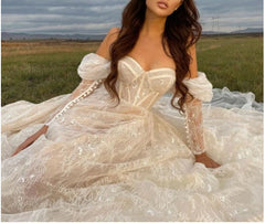 Stunning Lace Long Sleeves Off The Shoulder Sweetheart Neck Wedding Dresses
