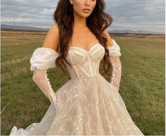 Stunning Lace Long Sleeves Off The Shoulder Sweetheart Neck Wedding Dresses