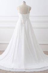 A-line Straps Empire Long White Bridesmaid Dress with Beads