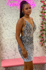 Silver Sequin V-Neck Backless Mini Homecoming Dress