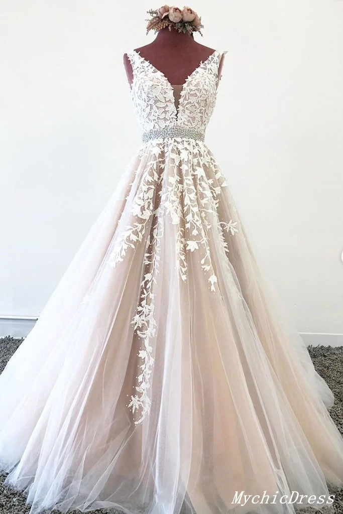 2024 A Line Tulle Lace Prom Dresses Champagne Evening Dress Beading Belt