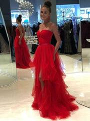 Simple champagne high low tulle prom dress champagne evening dress