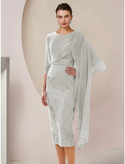 Aimishang  A-Line Mother of the Bride Dress Wedding Guest Elegant Petite Jewel Neck Tea Length Chiffon Lace Half Sleeve with Ruching Solid Color