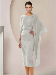 A-Line Mother of the Bride Dress Wedding Guest Elegant Petite Jewel Neck Tea Length Chiffon Lace Half Sleeve with Ruching Solid Color