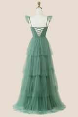 Sage Green Tulle Tiered A-line Long Bridesmaid Dress