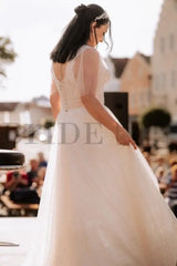 Puff Sleeves Tulle Aline Wedding Dress with Floral Lace Bridal Dress