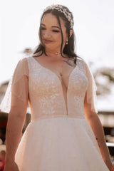 Puff Sleeves Tulle Aline Wedding Dress with Floral Lace Bridal Dress