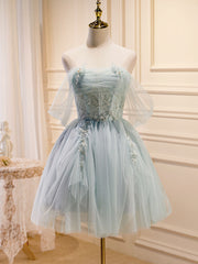 Puffy Tulle Off épaule Robe de bal courte verte, robes de retour vertes