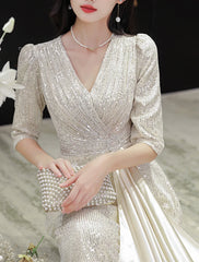 A-Line Evening Gown Elegant Dress Wedding Guest Prom Floor Length Half Sleeve V Neck Sequined with Glitter Fringe Tassel