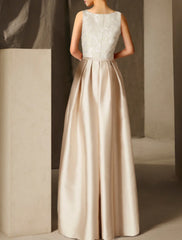 Aimishang A-Line Party Dress Empire Elegant Wedding Guest Formal Evening Dress Jewel Neck Sleeveless Floor Length Satin with Sash / Ribbon Pleats Appliques