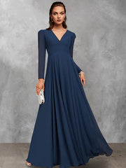 A-Line Mother of the Bride Dress Vintage Elegant V Neck Floor Length Chiffon Long Sleeve with Ruffles Ruching