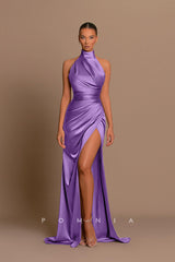 P1228 - High Neck Pleats Sleeveless Side Slit Satin Foemal Prom Evening Dress