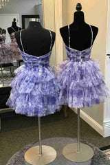 Straps Purple Floral Print Keyhole Ruffle Cocktail Dress