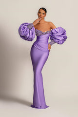 Purple Mermaid Prom Dress Long with Bubble Sleeves and Long Sleeves