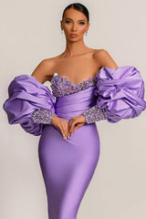 Purple Mermaid Prom Dress Long with Bubble Sleeves and Long Sleeves
