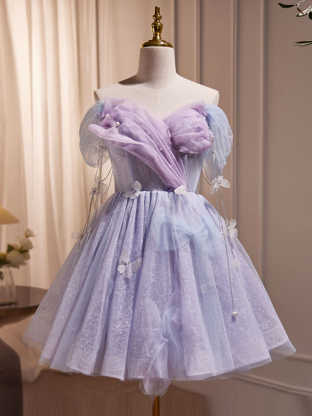 Robe de bal courte en tulle violet en tulle, robe de retour violette