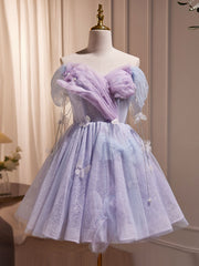 Robe de bal courte en tulle violet en tulle, robe de retour violette