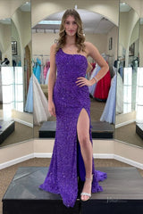 Purple Sequin Prom Dresses 2025 with One Shoulder & Slit – FD5100