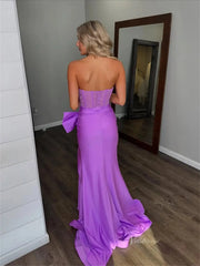 Purple Strapless Sheath Prom Dresses 2025 with Slit, Bow & Beaded Bodice – FD5067