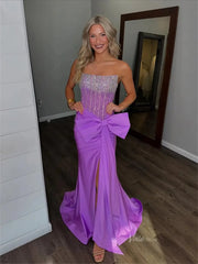 Purple Strapless Sheath Prom Dresses 2025 with Slit, Bow & Beaded Bodice – FD5067