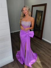 Purple Strapless Sheath Prom Dresses 2025 with Slit, Bow & Beaded Bodice – FD5067