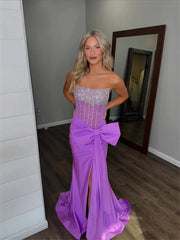 Purple Strapless Sheath Prom Dresses 2025 with Slit, Bow & Beaded Bodice – FD5067