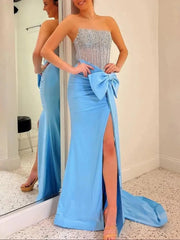 Purple Strapless Sheath Prom Dresses 2025 with Slit, Bow & Beaded Bodice – FD5067