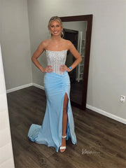 Purple Strapless Sheath Prom Dresses 2025 with Slit, Bow & Beaded Bodice – FD5067