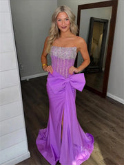 Purple Strapless Sheath Prom Dresses 2025 with Slit, Bow & Beaded Bodice – FD5067
