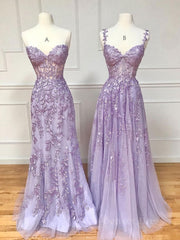 Purple Sweetheart Neck Lace Long Prom -jurk, kanten formele afstuderenjurk