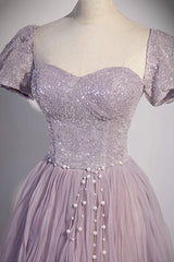 Purple Tulle Long A-Line Prom Dress, Purple Short Sleeve Evening Party Dress