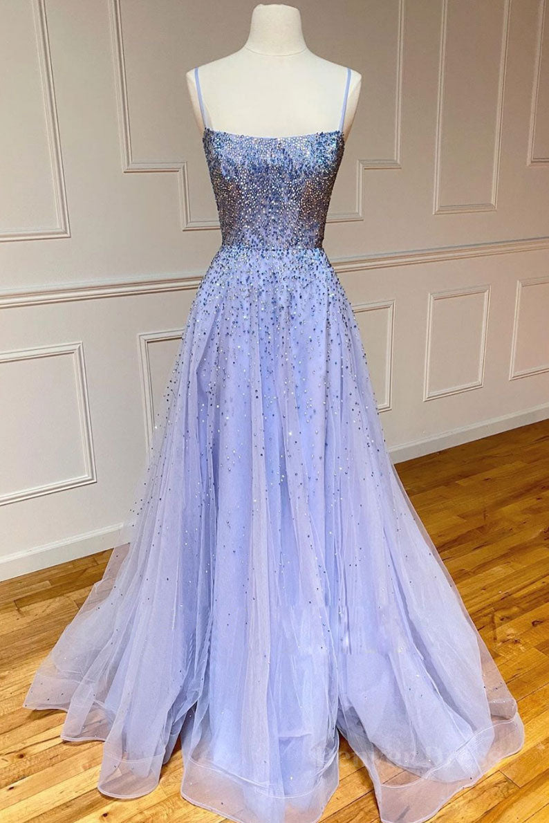 Paarse tule pailletten lange prom jurk tule formele jurk