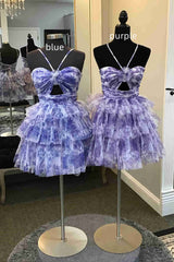 Straps Purple Floral Print Keyhole Ruffle Cocktail Dress